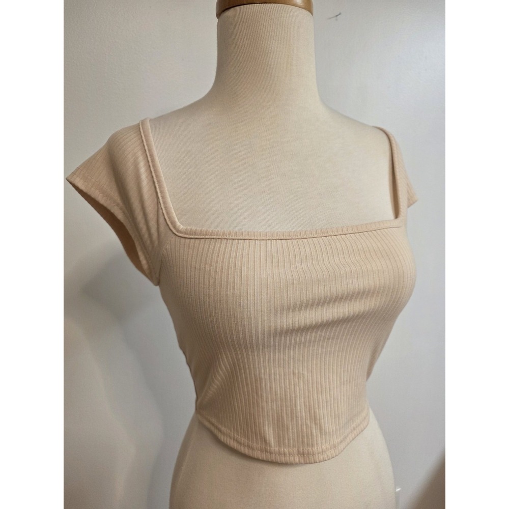 Shein Ribbed Crop Top Light Beige Tan Square Neckline Layering Piece Sz Small